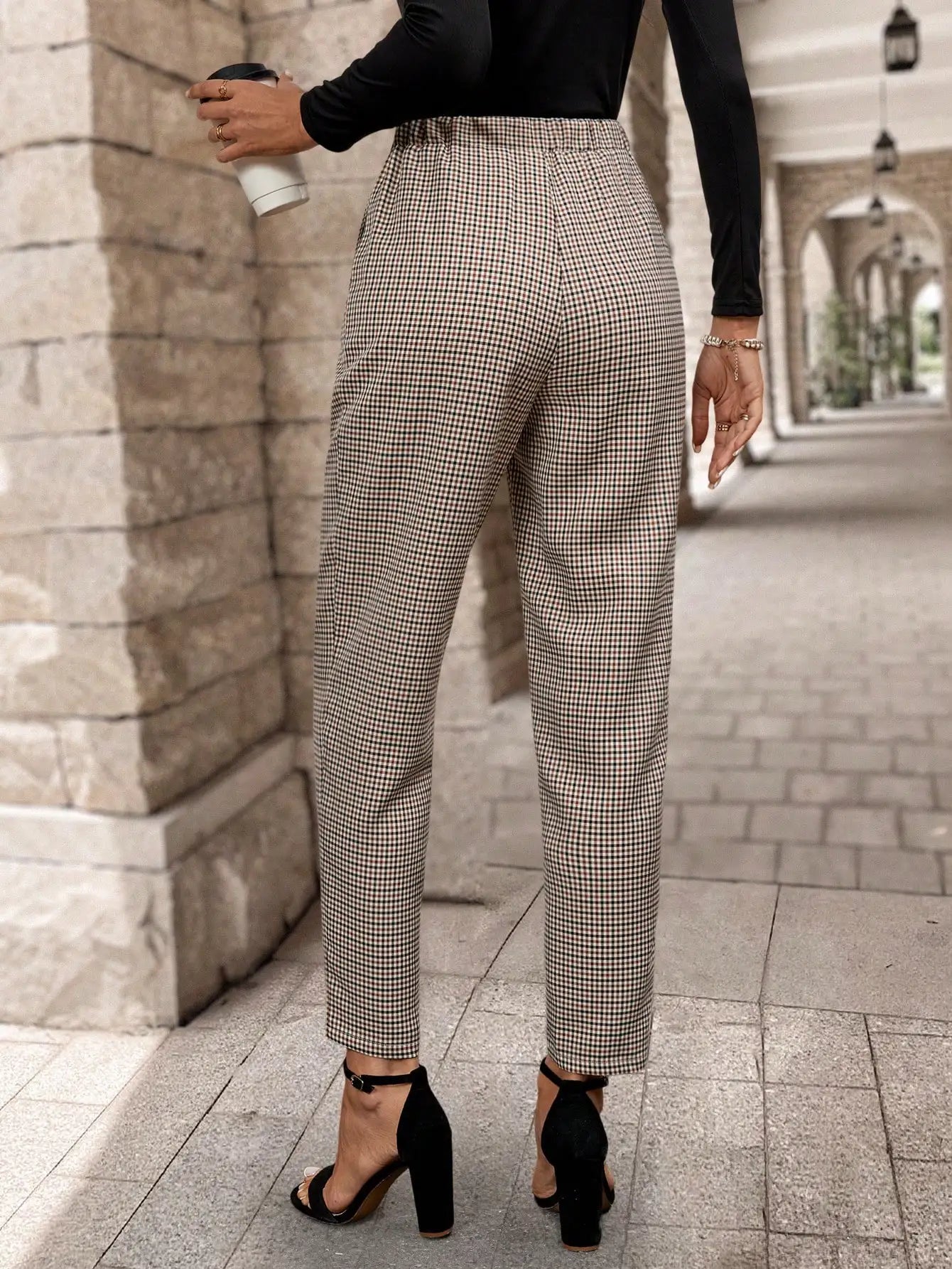 Women Houndstooth High Waist Pleated Pants Vintage Tapered Office Casual Trousers
