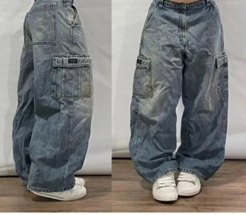Street Vintage Jeans New Y2K Harajuku Wash Blue Multiple pockets Baggy Jeans Denim Pants Mens Womens High Waist Wide Trousers