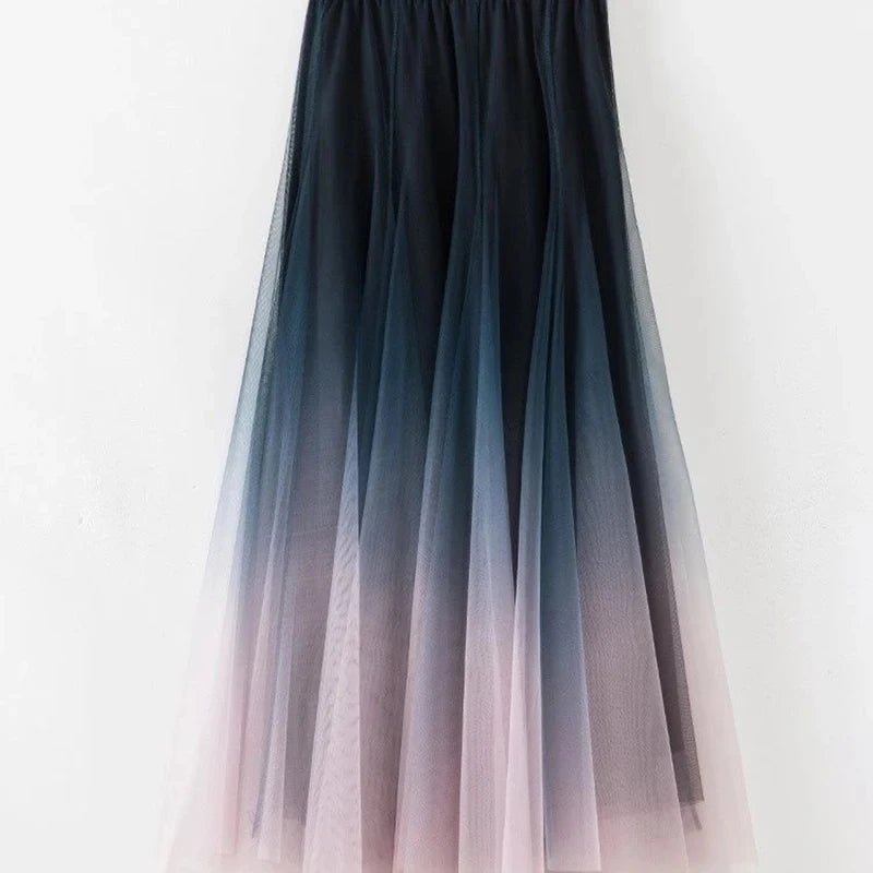 MEXZT Elegant Tulle Skirts Women High Waist Gradient Mesh Pleated Midi Skirt Korean Elastic Loose Casual All Match A Line Skirt