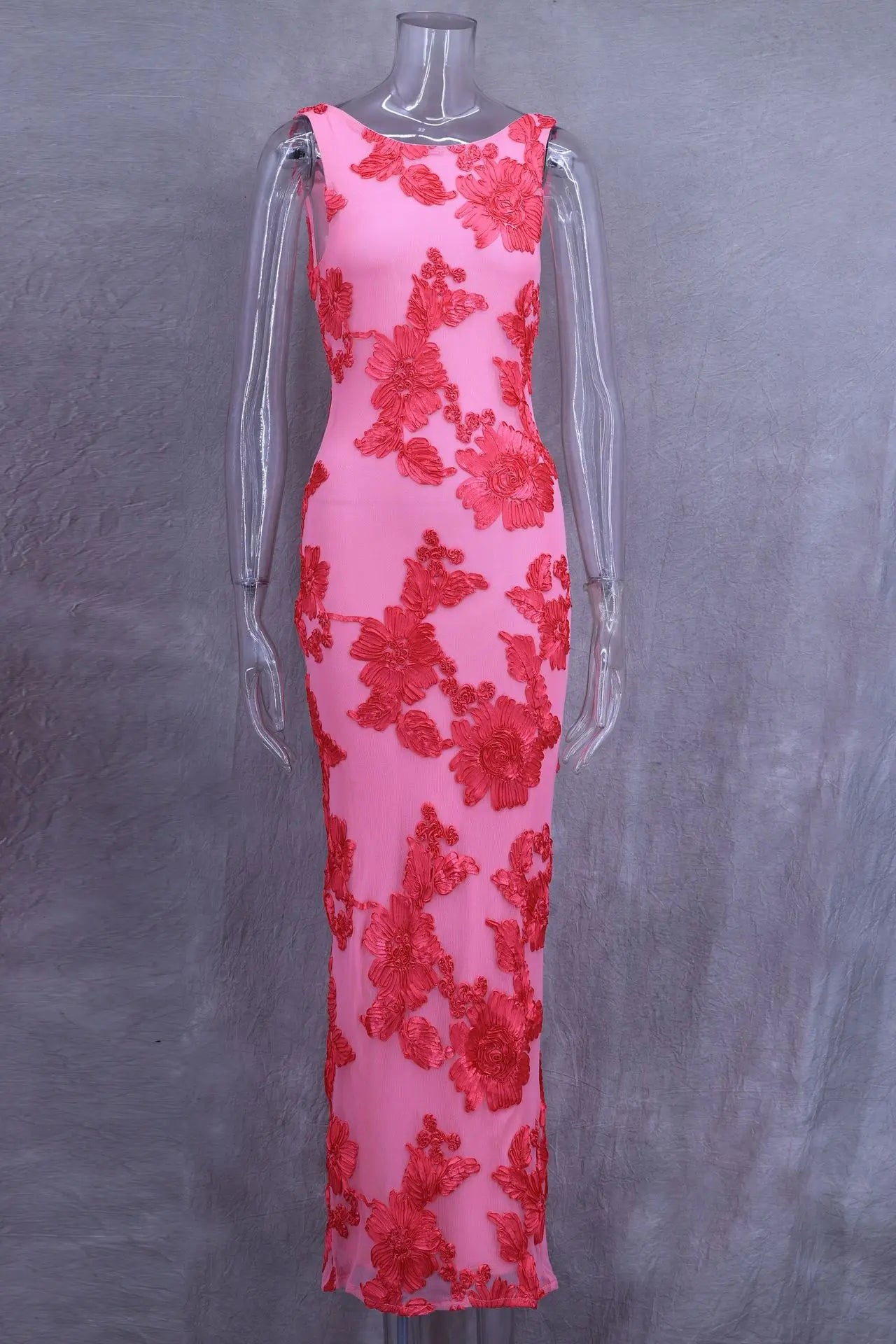 VEITCHE Elegant Women Sleeveless 3d Flowers Party Dress Embroidery Mesh Slim Hip Package Female Fshion Maxi Dresses Summer Robe