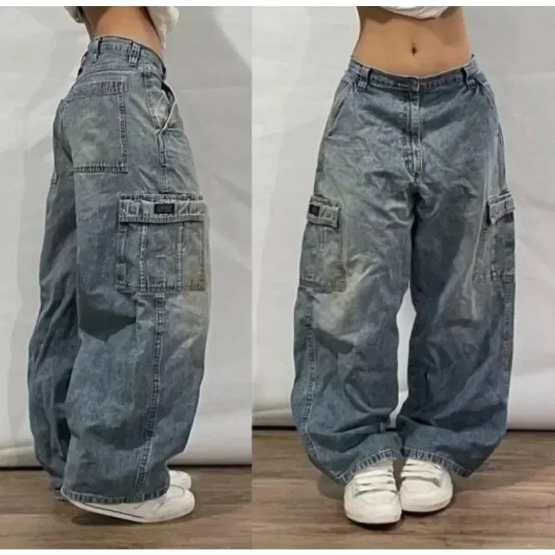 Retro New Southpole Jeans Skull Watermark Loose Jeans Men's and Women's Y2K Harajuku Gothic Hip Hop Skateboard Pants Street Wear