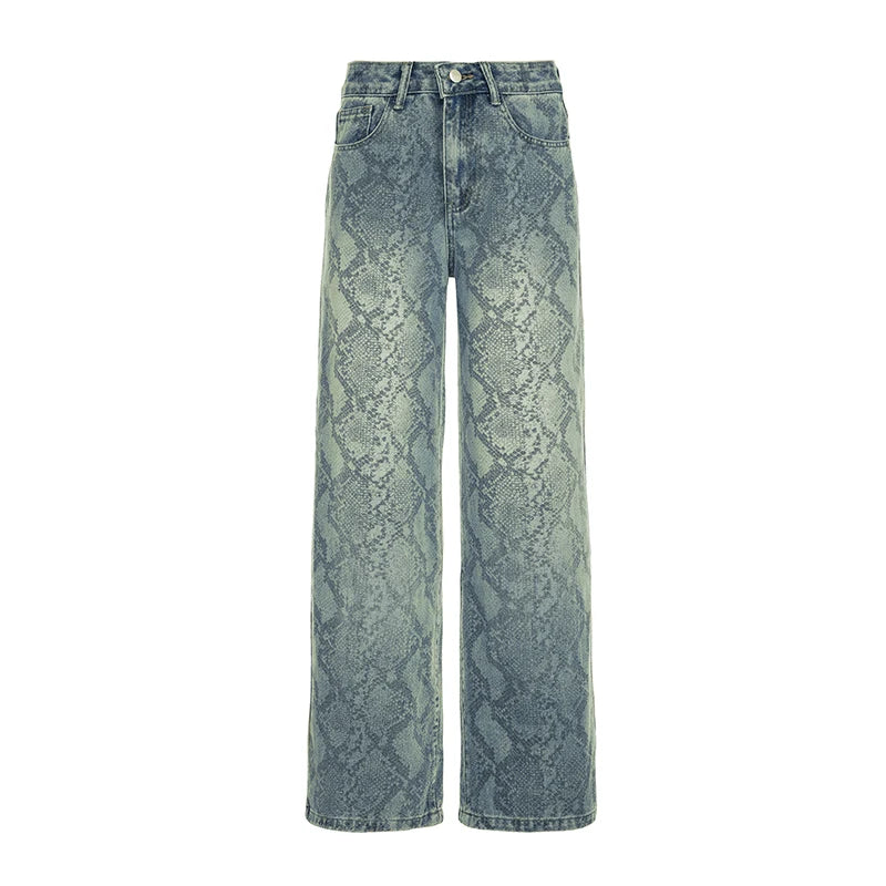 Streetwear Snake-Print Wide Leg Jeans Loose High-Waisted Baggy Denim Pants Y2K Grunge Casual Animal Pattern Trousers Women 2025