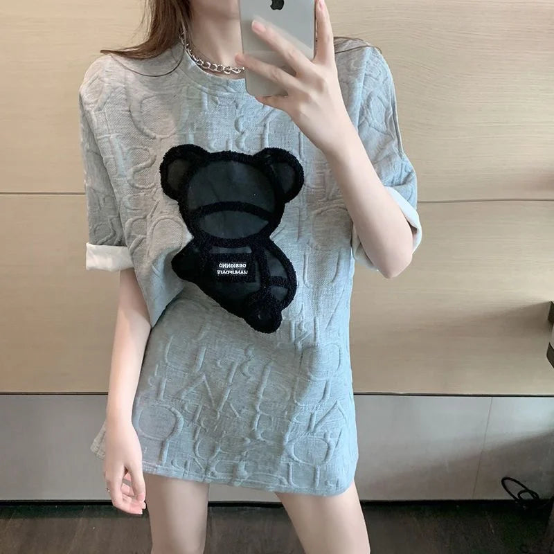 Summer Cotton Short Sleeve T Shirts Women Casual Cartoon Bear Loose T-shirt O-neck Basic Crop Tops High Streetwear Fashion Tees