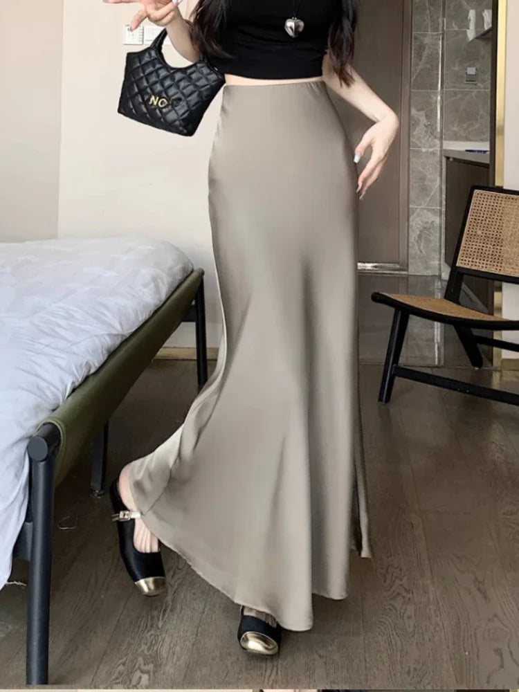 Spring Summer Women's Long Skirt High Waist Satin Silk A-line Skirt Ladies Korean Fashion Solid Pink Fishtail Skirts for Women