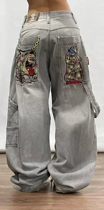 Retro New Southpole Jeans Skull Watermark Loose Jeans Men's and Women's Y2K Harajuku Gothic Hip Hop Skateboard Pants Street Wear
