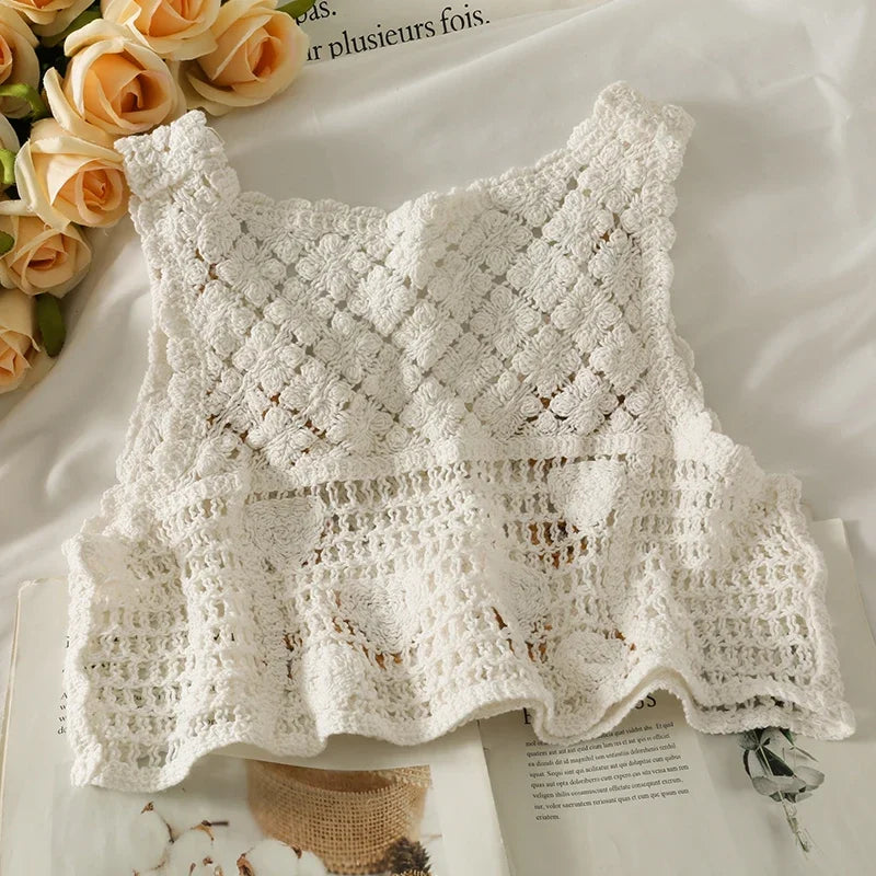 ITOOLIN Summer Women Floral Embroidery Sweet Tank Top Hollow Out Boho Sexy Crop Top Female Buttons Knit Cardigan Tops 2024