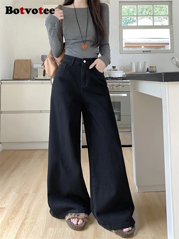 Botvotee Brown Baggy Jeans Women High Waisted Wide Leg Streetwear Y2k Fashion Black Denim Pants Beige Slouchy Jeans