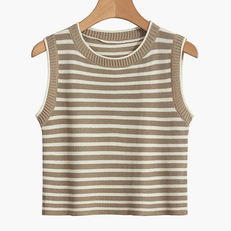 ITOOLIN Women Knitted Stripes O-Neck Tank Tops Female Sleeveless Casual Streetwear Crop Top Women Tops Spring Summer