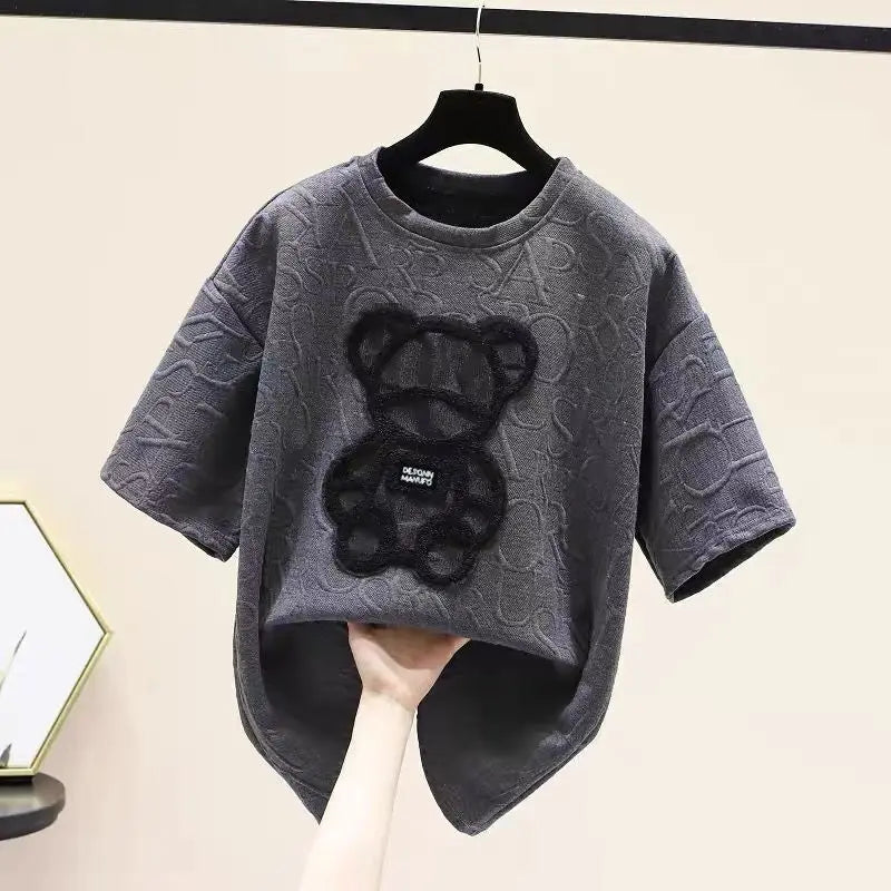 Women's T-shirts Harajuku Girls Plus Size Tops Letter Jacquard O-neck Short Sleeves Loose Summer Tshirt Bear White Tees M-2XL
