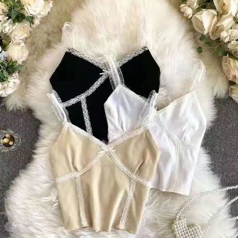 ITOOLIN Women Lace Up Crop Tops V-Neck Knitted Camis Short Slim Underwear Tops Straps Tops for WOmen 2025 Summer