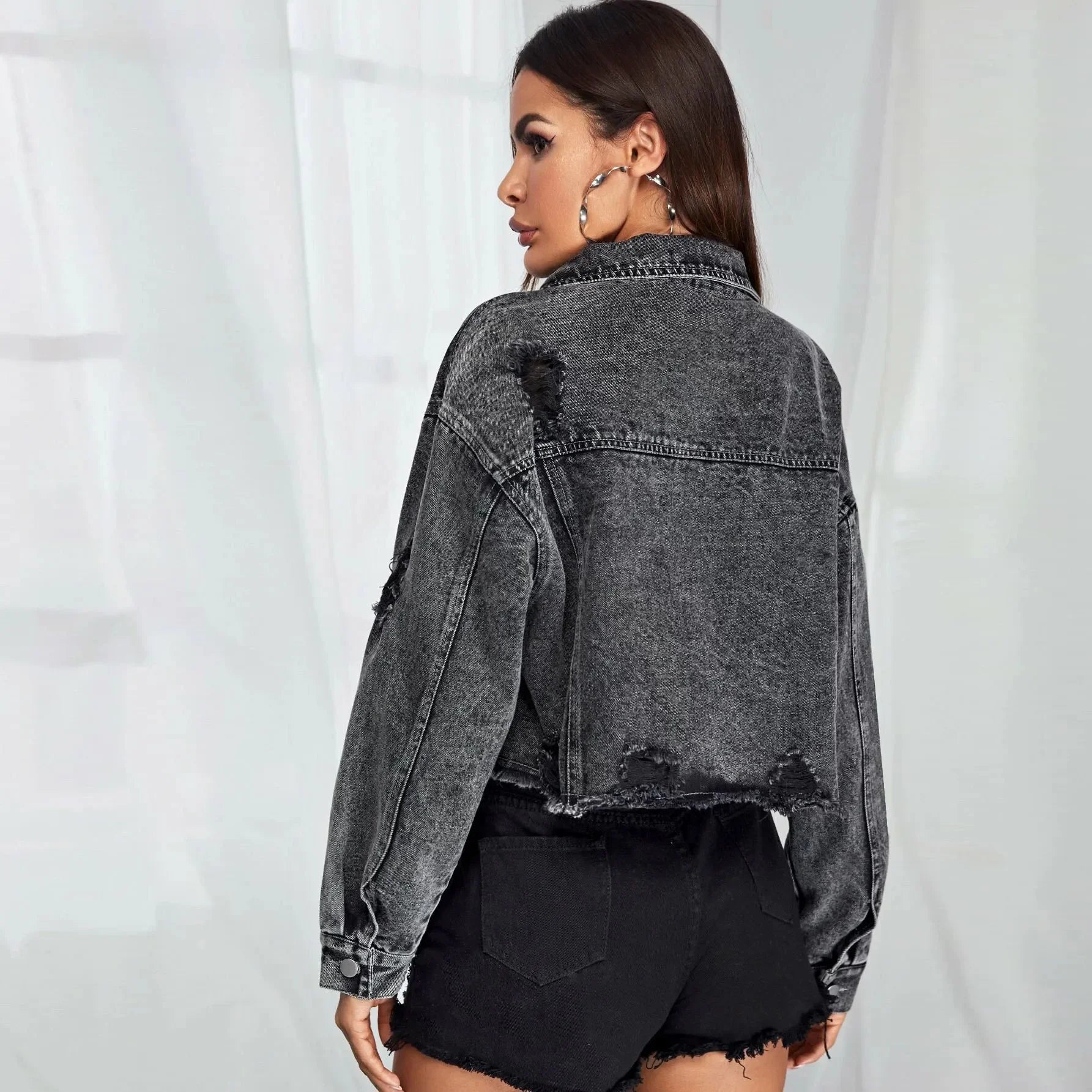 Donsignet Women's Jeans Jacket Spring Autumn New Fashion Burr Hole Denim Coats Button Pockets Long Sleeve Black Casual Tops