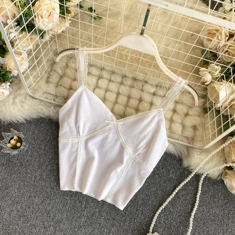ITOOLIN Women Lace Up Crop Tops V-Neck Knitted Camis Short Slim Underwear Tops Straps Tops for WOmen 2025 Summer