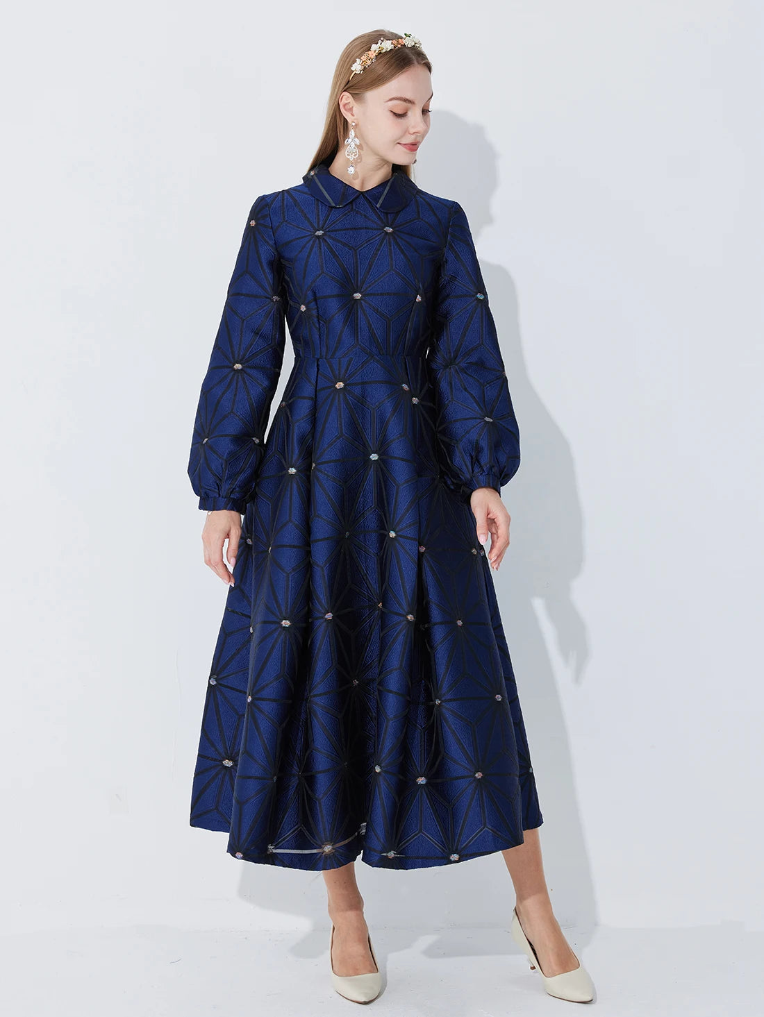 Fall/Winter Turned Collar Lined Sleeve A-Line Silhouette Geometric Heavyweight Jacquard Elegant and Graceful Long Dress