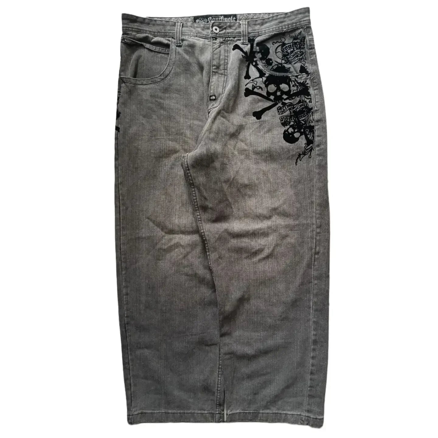 Retro New Southpole Jeans Skull Watermark Loose Jeans Men's and Women's Y2K Harajuku Gothic Hip Hop Skateboard Pants Street Wear