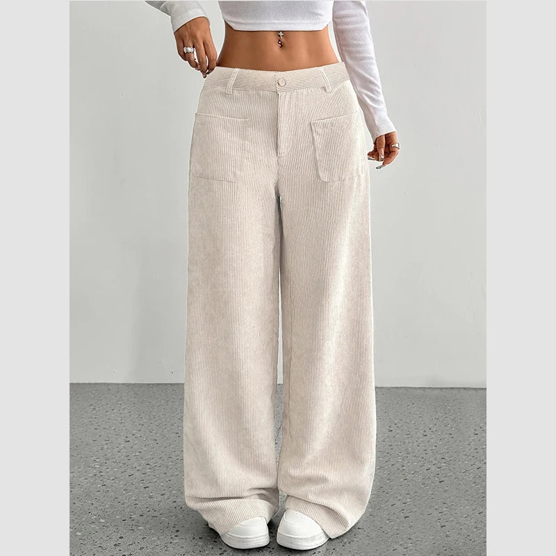 Women's High Waist Corduroy Wide Leg Pants, Casual Fall Winter Long Trousers with Pockets, Ladies Fashionable Relaxed Fit Bottom