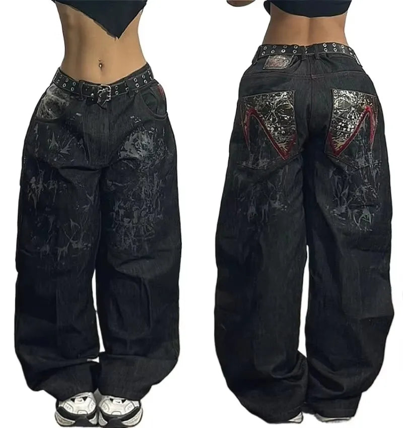 Joker Y2K Hip-Hop Retro Jeans Female Korean Casual Wide-Leg Pants Loose Fit Stitching Fashion Essential Overalls