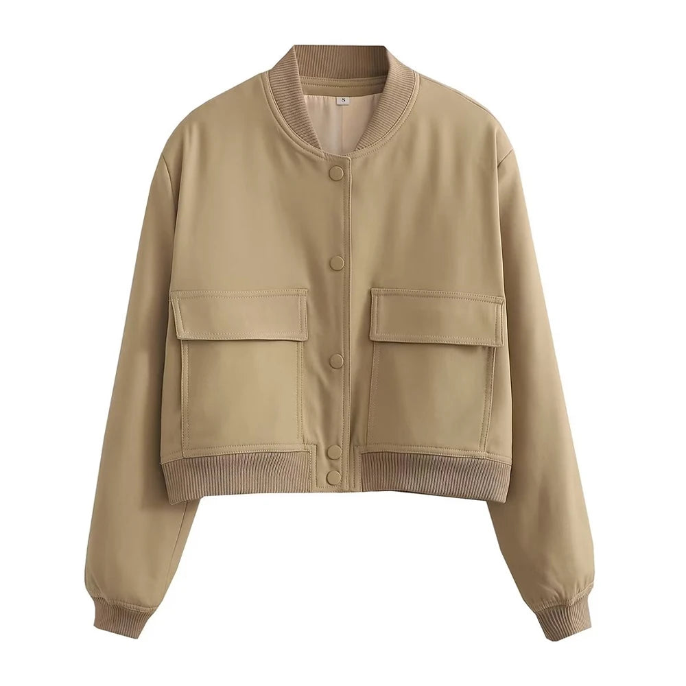 Women Fashion With Pockets Bomber Jacket Coats Vintage Long Sleeve Front Button Casual Female Outerwear Chic Tops