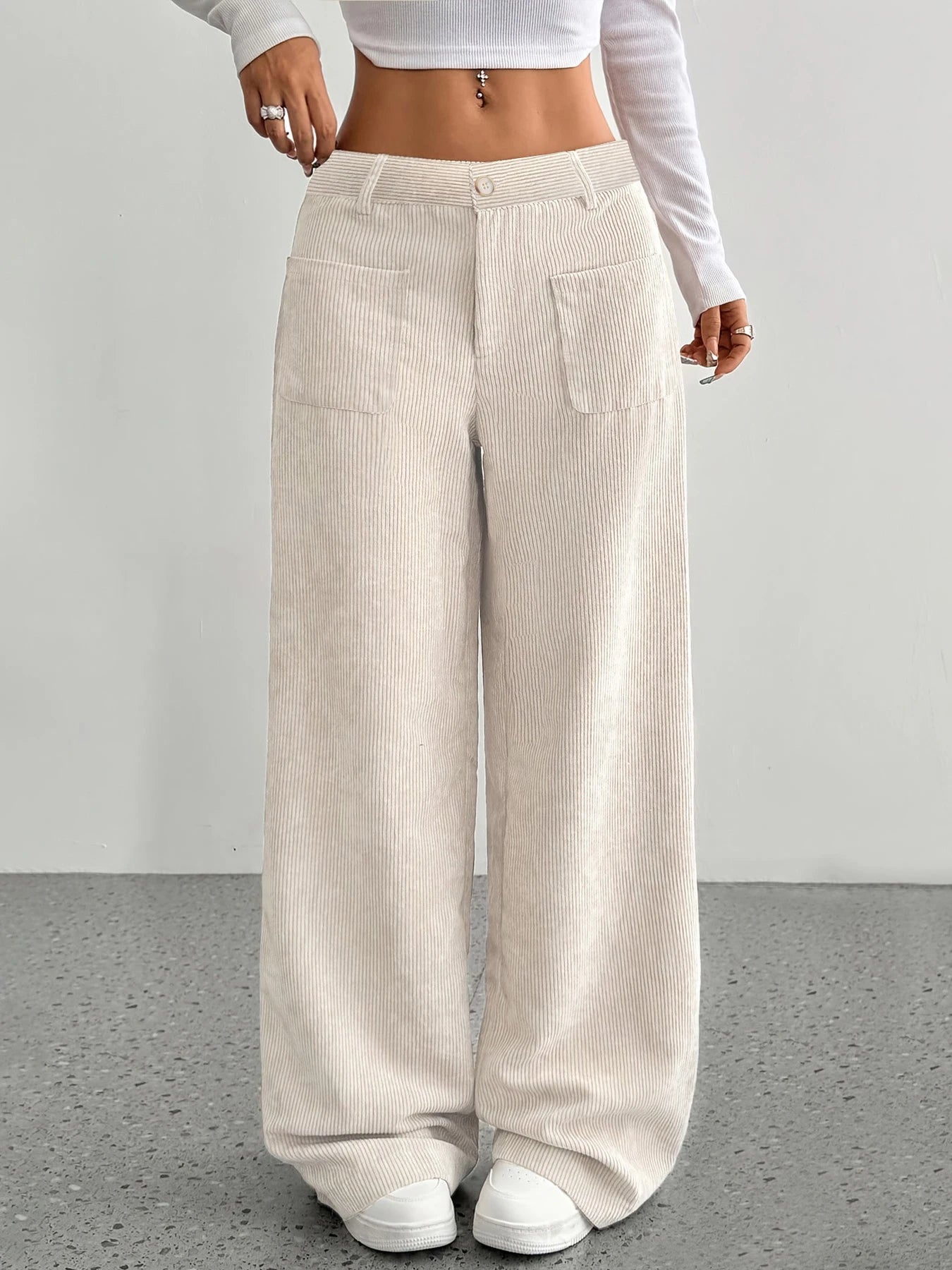 Women's High Waist Corduroy Wide Leg Pants, Casual Fall Winter Long Trousers with Pockets, Ladies Fashionable Relaxed Fit Bottom