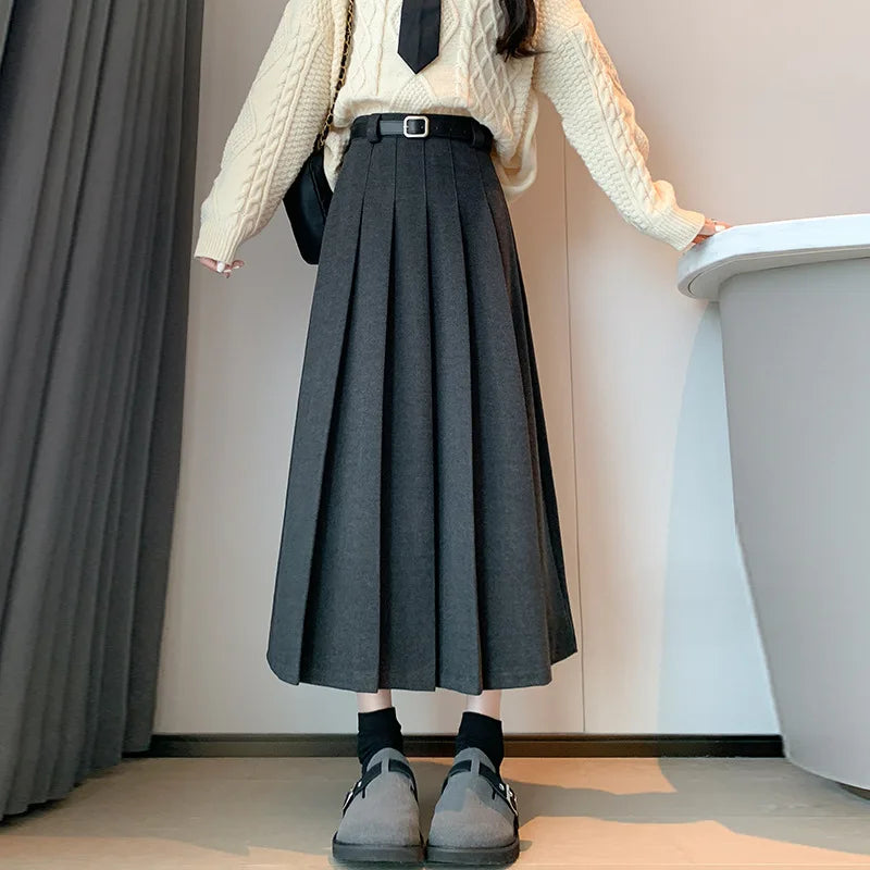 Women's Wool Skirt - High-Waisted, Slimming Belted, Plus Size Vintage-Inspired, Versatile Mid-Length Pleated Skirt