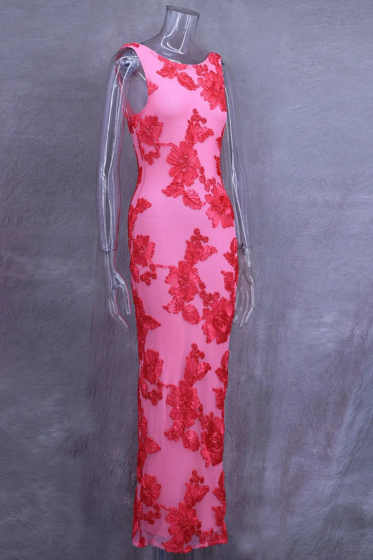 VEITCHE Elegant Women Sleeveless 3d Flowers Party Dress Embroidery Mesh Slim Hip Package Female Fshion Maxi Dresses Summer Robe