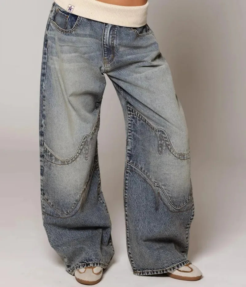 Joker Y2K Hip-Hop Retro Jeans Female Korean Casual Wide-Leg Pants Loose Fit Stitching Fashion Essential Overalls