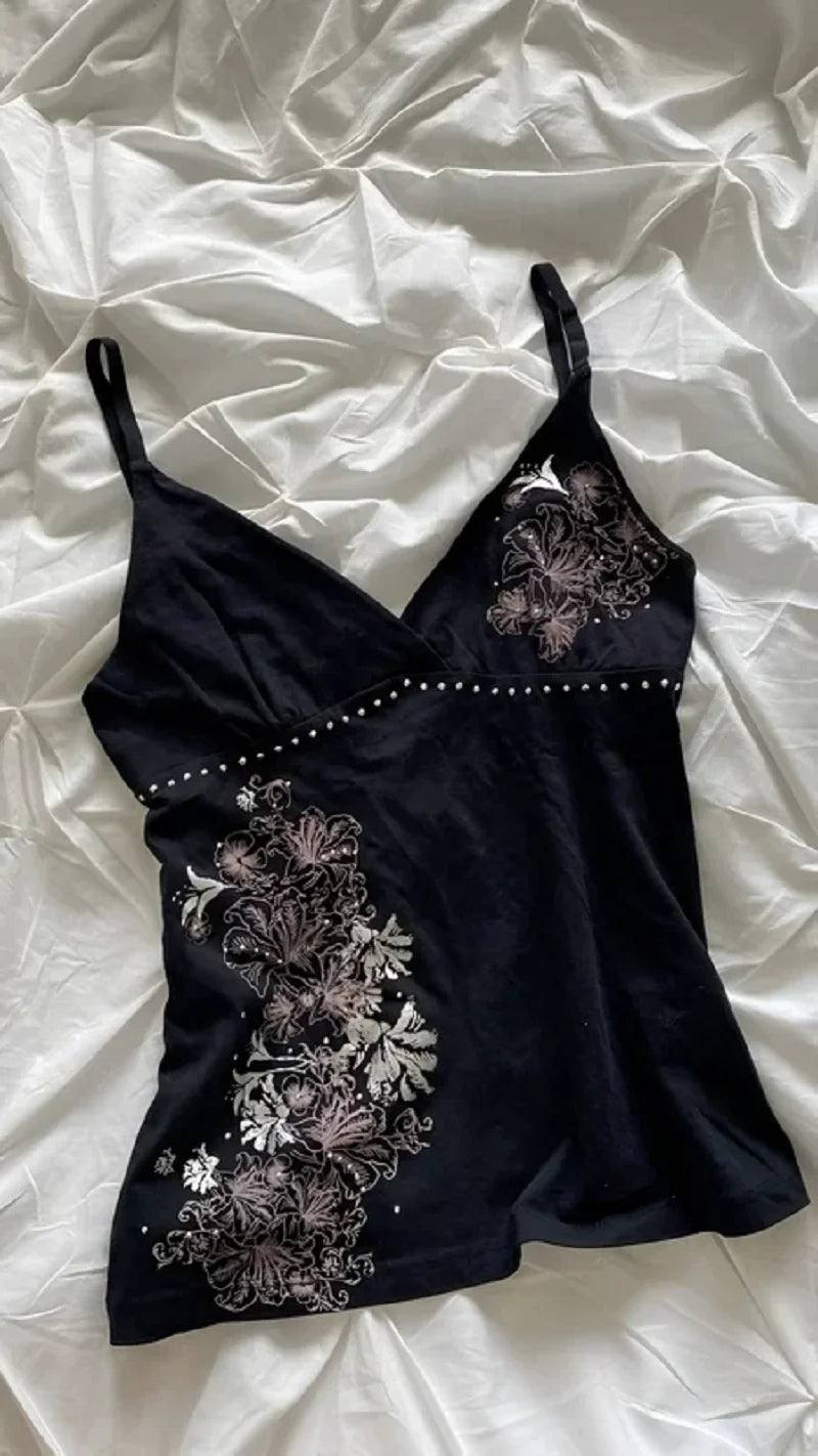 Y2K Vintage Black Suspender Tops Women Harajuku Flower Graphic Print Rivet Mini Camis Cotton Gothic Sexy Hottie Summer Clothes