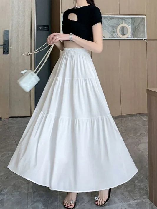 1pcs Women Skirts Girls High Waist Chic Long Cake A-line Skirt Female White Black Vintage Fashion With Lining Long Dress