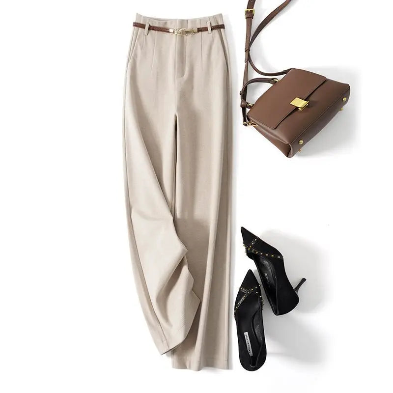 CGC Korean Fashion High Waist Loose Wide Leg Pants Women Woolen Trousers Simple Solid Straight Baggy Pants Casual Jogging Pants