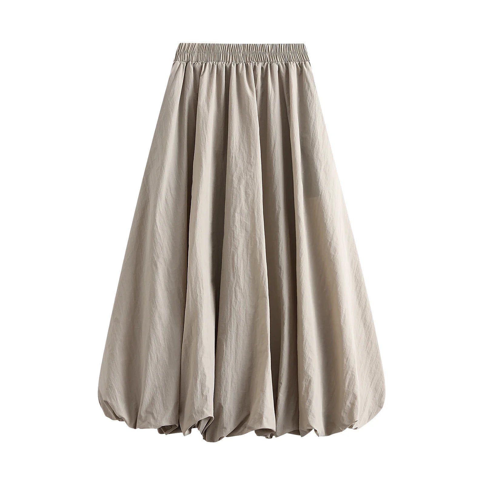 Combhasaki Women's Elegant Elastic High Waist Solid Color A-Line Pleated Puffball Hem Casual Flowy Balloon Bud Midi Skirts