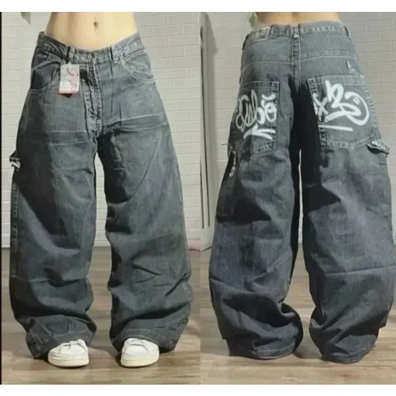 Retro New Southpole Jeans Skull Watermark Loose Jeans Men's and Women's Y2K Harajuku Gothic Hip Hop Skateboard Pants Street Wear