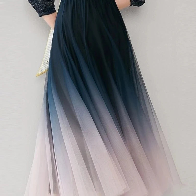 MEXZT Elegant Tulle Skirts Women High Waist Gradient Mesh Pleated Midi Skirt Korean Elastic Loose Casual All Match A Line Skirt