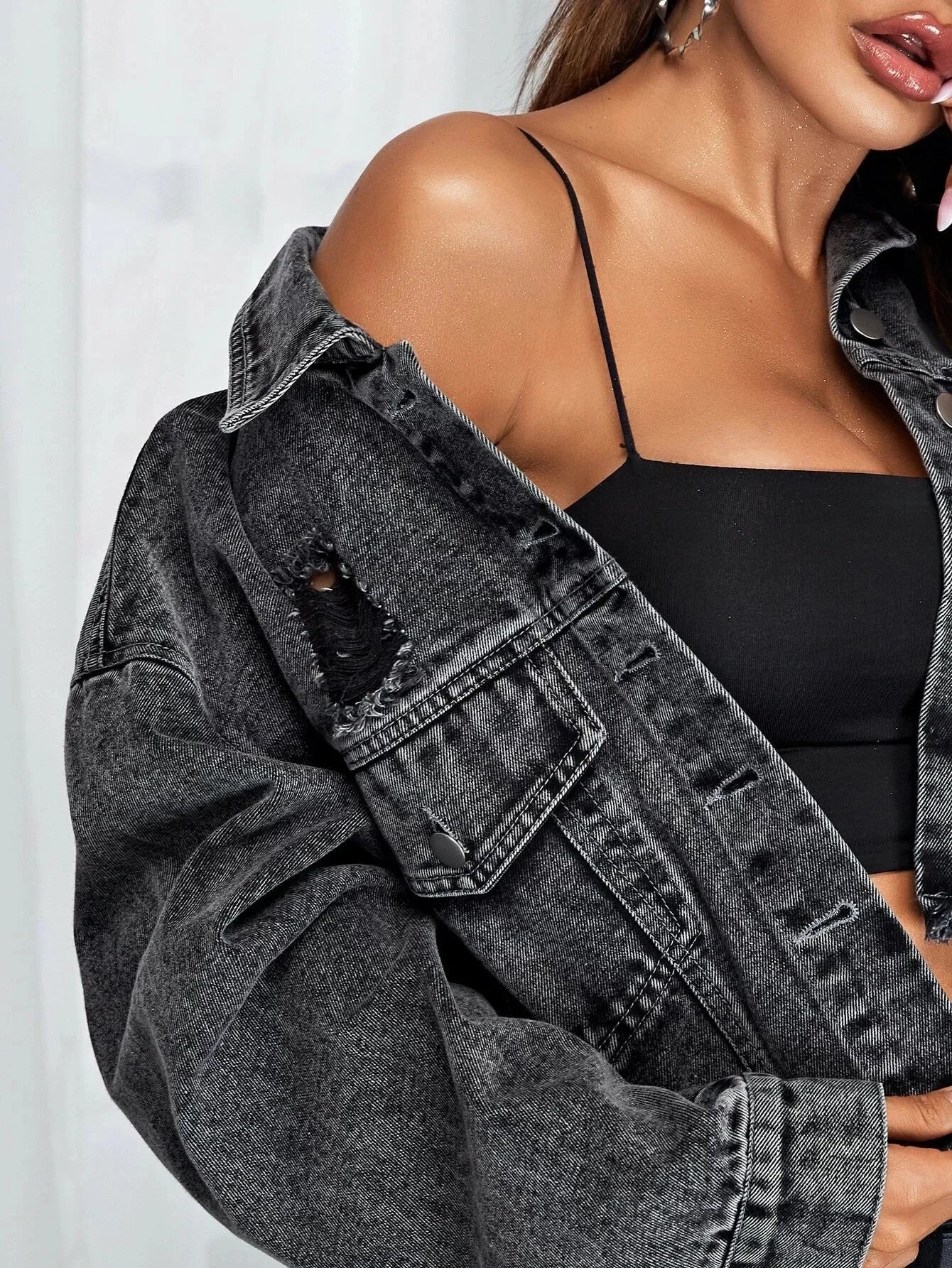 Donsignet Women's Jeans Jacket Spring Autumn New Fashion Burr Hole Denim Coats Button Pockets Long Sleeve Black Casual Tops
