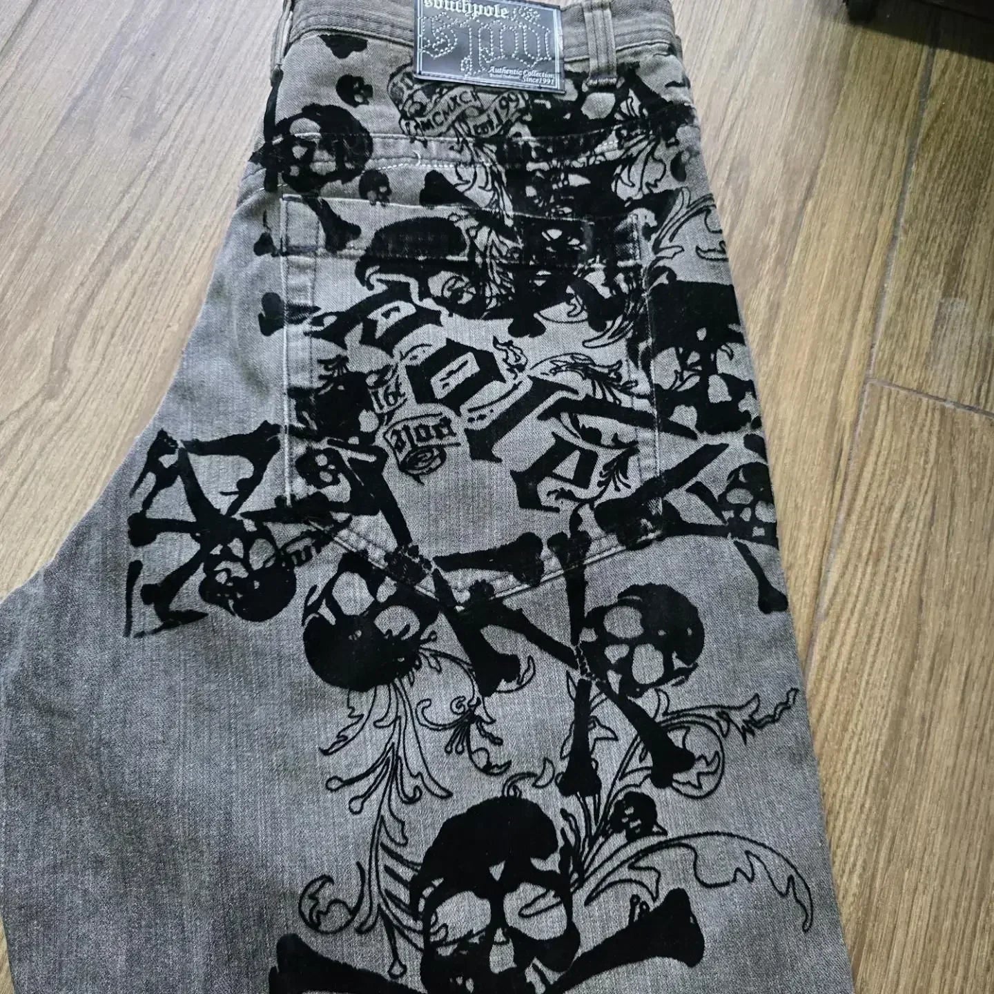 Retro New Southpole Jeans Skull Watermark Loose Jeans Men's and Women's Y2K Harajuku Gothic Hip Hop Skateboard Pants Street Wear