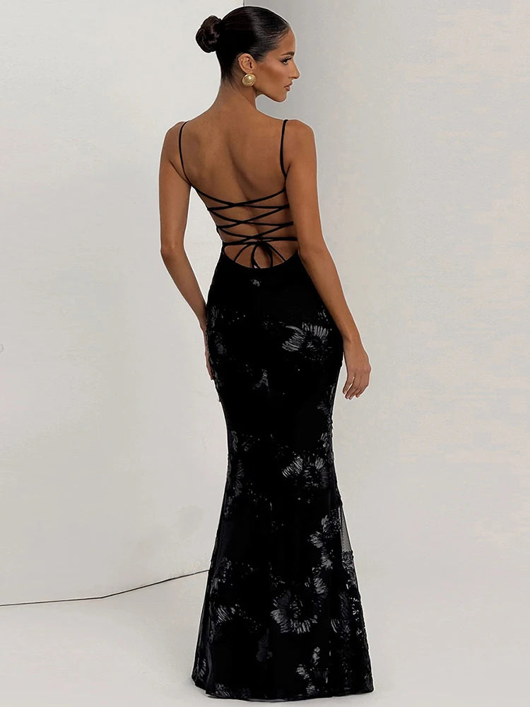 Weird Puss Flower Embroidery Maxi Dress Women Low-Neck Cross Bandage Backless Summer Street New Trend Skinny Elegant Vestidos