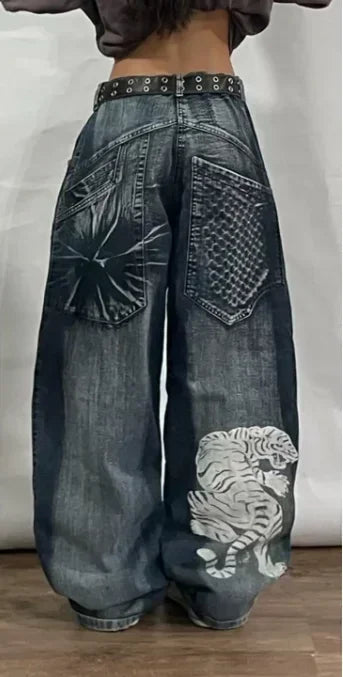 Retro New Southpole Jeans Skull Watermark Loose Jeans Men's and Women's Y2K Harajuku Gothic Hip Hop Skateboard Pants Street Wear