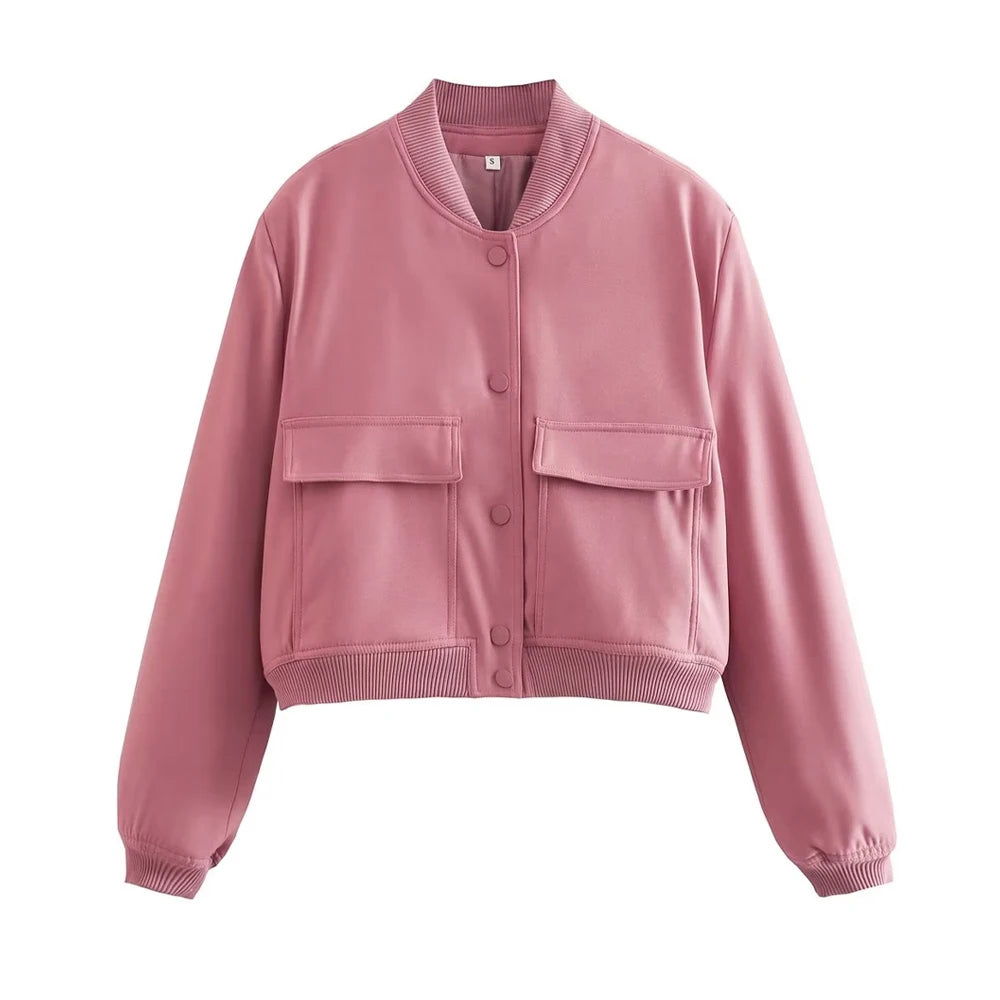 Women Fashion With Pockets Bomber Jacket Coats Vintage Long Sleeve Front Button Casual Female Outerwear Chic Tops