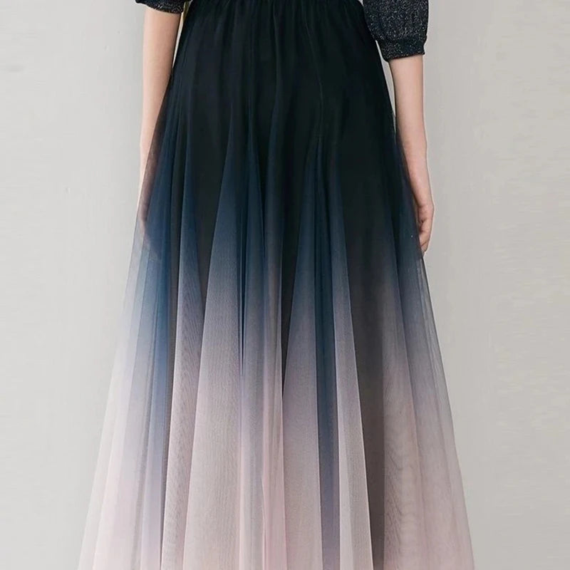 MEXZT Elegant Tulle Skirts Women High Waist Gradient Mesh Pleated Midi Skirt Korean Elastic Loose Casual All Match A Line Skirt